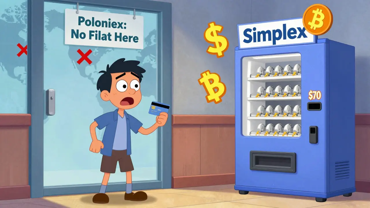 A confused trader tries to use a credit card at Poloniex, but a vending machine charges  for ,000 in Bitcoin, with North America blocked by a red X.