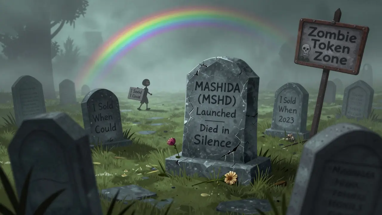 A crypto graveyard with a tombstone for MASHIDA, a lone wallet walking away as a warning sign looms in the fog.