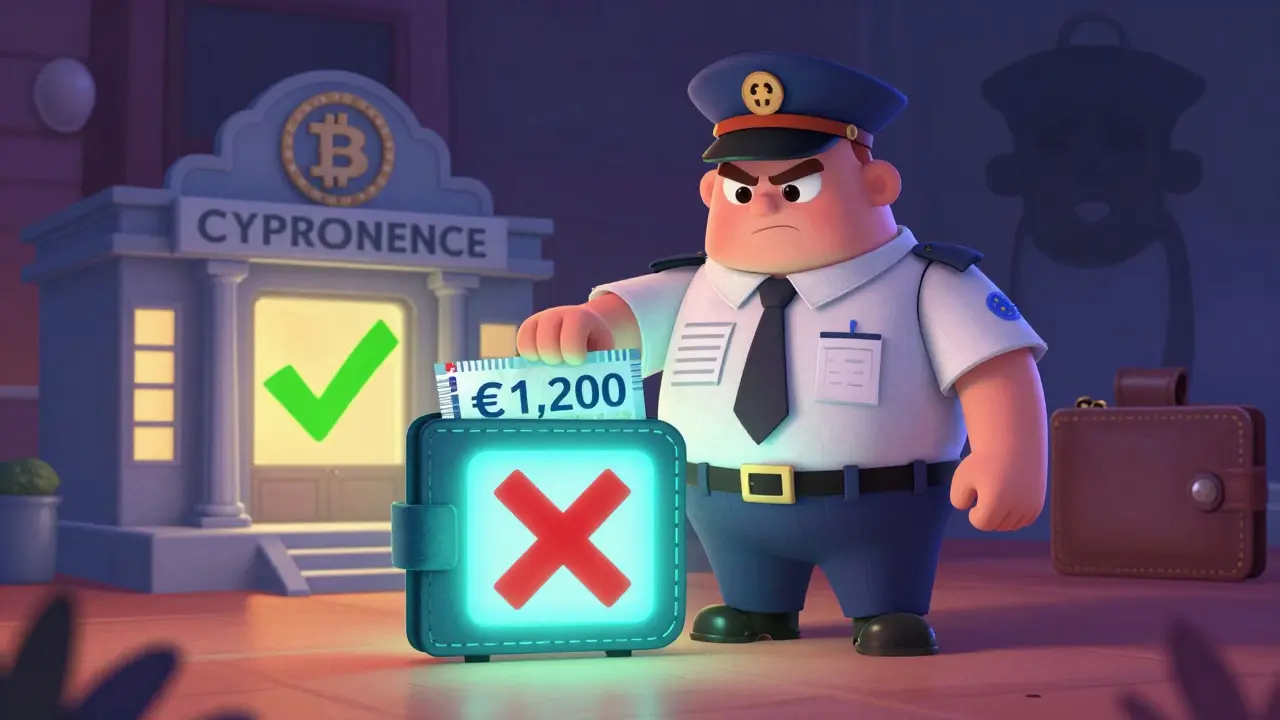 A cute robot wallet blocked by a document-wielding bank guard, with a licensed exchange glowing nearby.