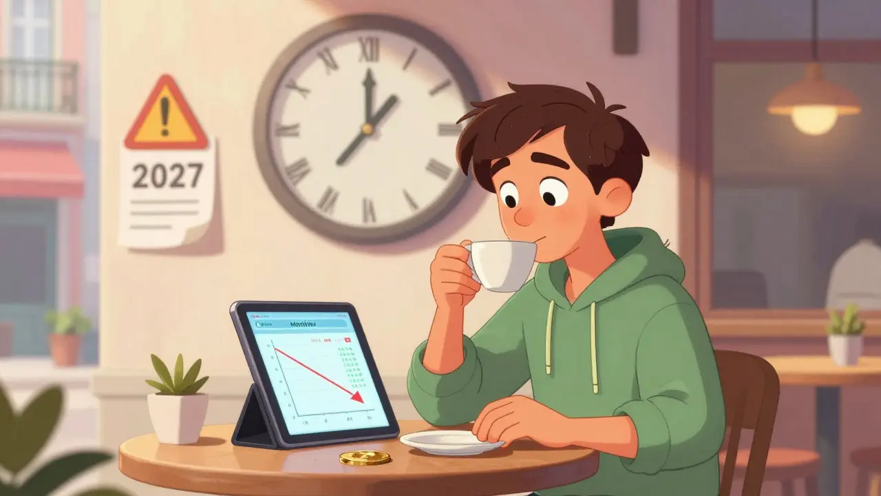 A digital nomad at a Lisbon café selling small crypto amounts monthly, with a clock counting down to 2027 and tax graphs trending down.