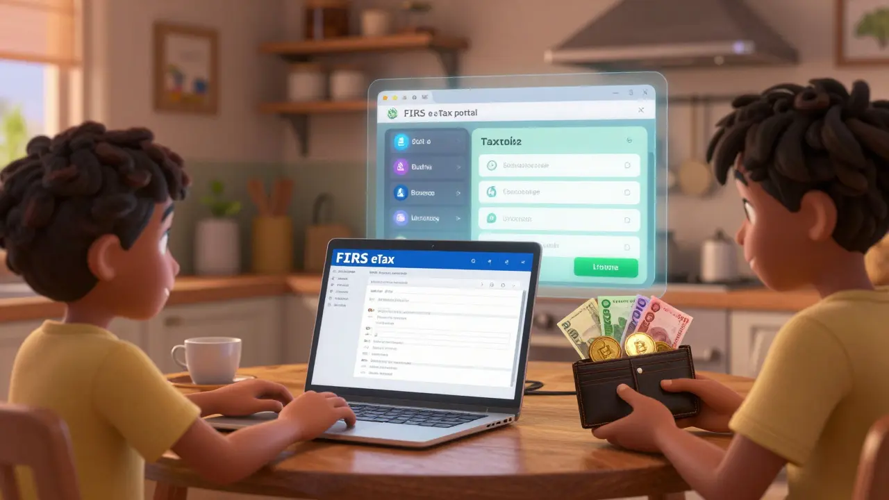 A family uploading crypto transactions to a tax portal at home, with tokens turning into Naira under warm lighting.