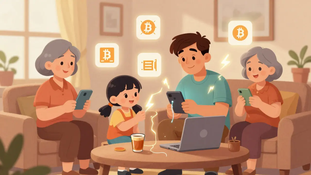 A family uses Strike for weekly Bitcoin buys and bill payments, with floating helpful icons around them.