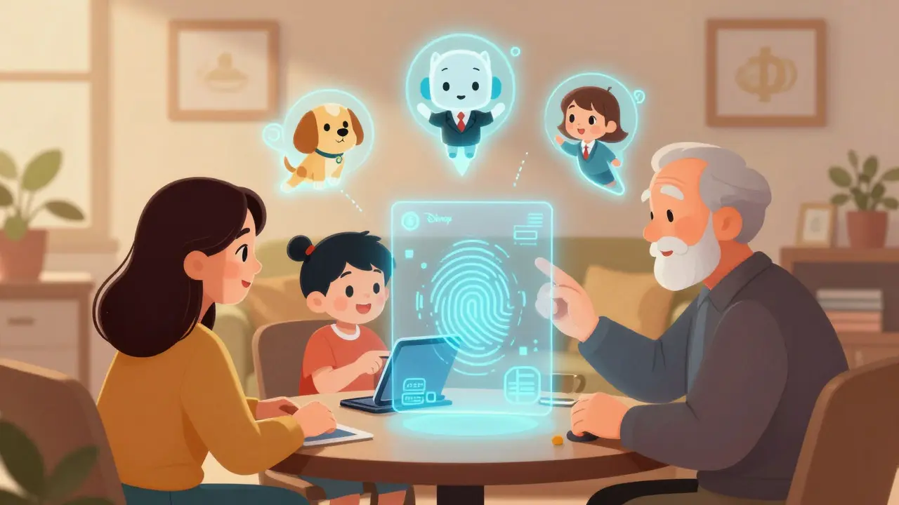 A family using a glowing smart wallet hologram with guardian spirits floating nearby in a cozy living room.