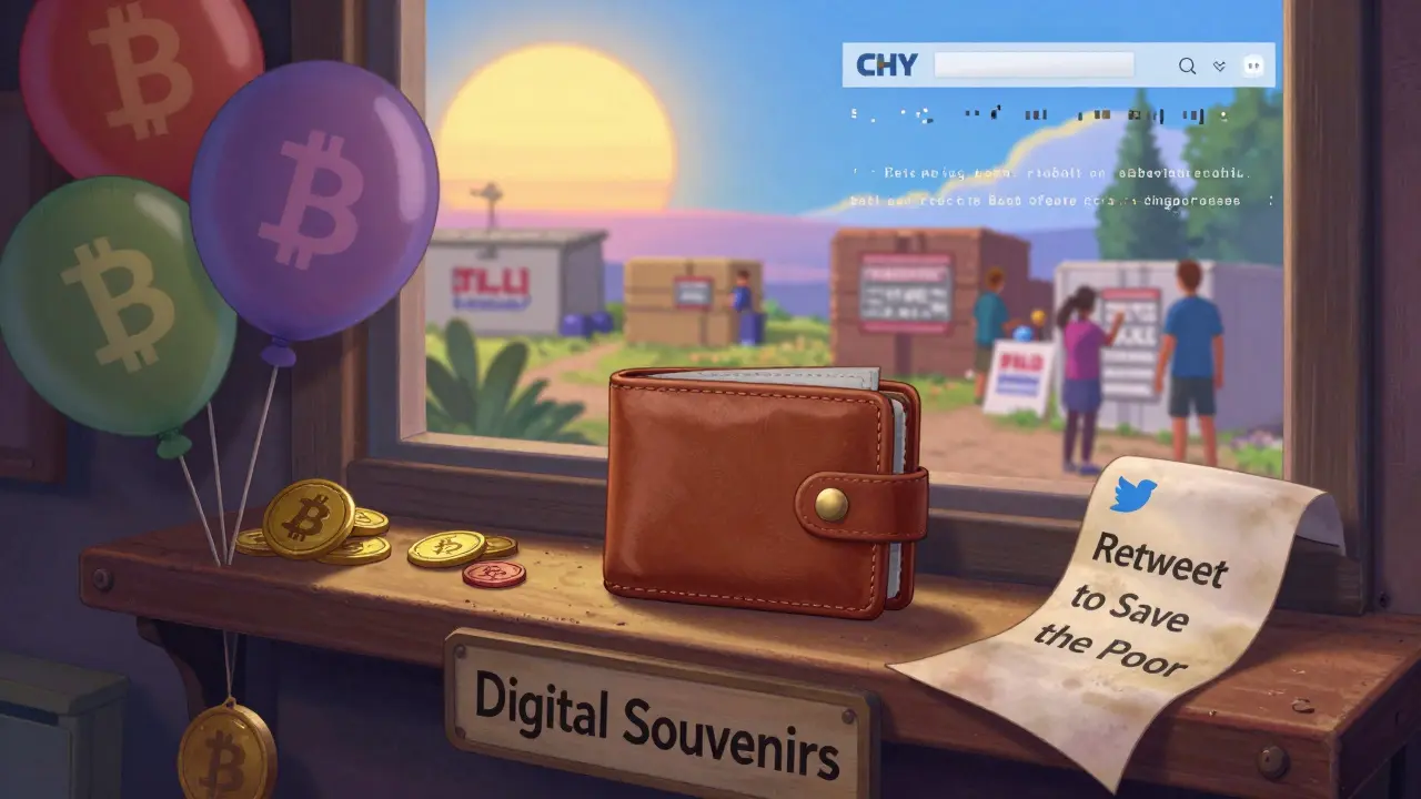 A forgotten wallet sits among discarded crypto tokens as a real humanitarian project shines outside the window.
