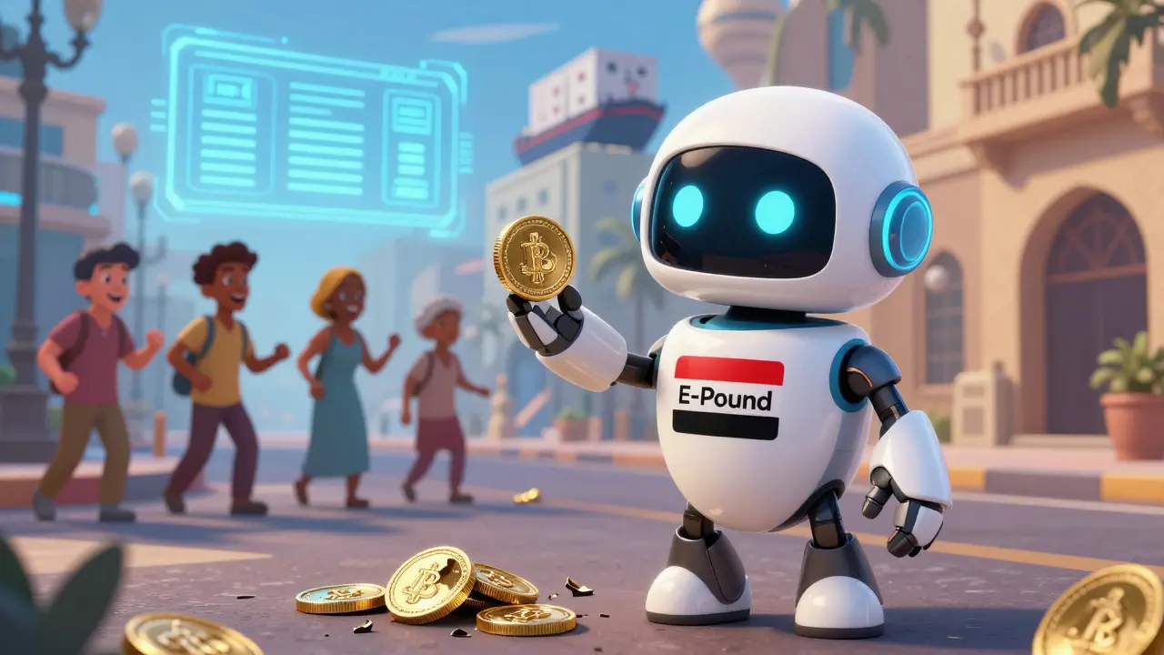 A friendly E-Pound robot distributes digital currency as crypto coins crumble.