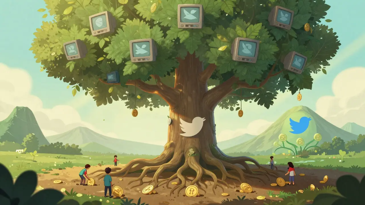 A giant tree with CRTS token leaves grows from Discord and Twitter roots under morning light.