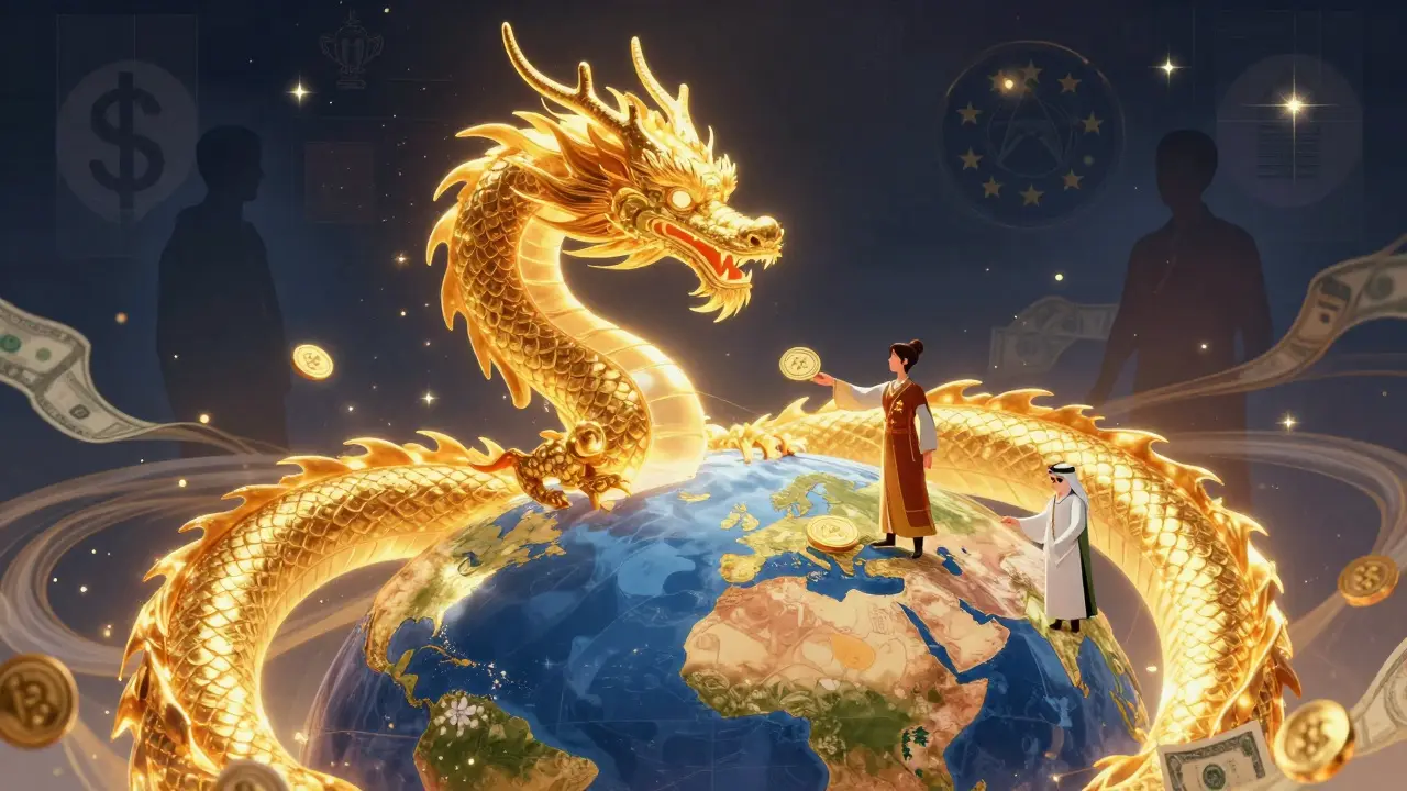 A golden dragon made of digital yuan coins wraps around the world, symbolizing global adoption.