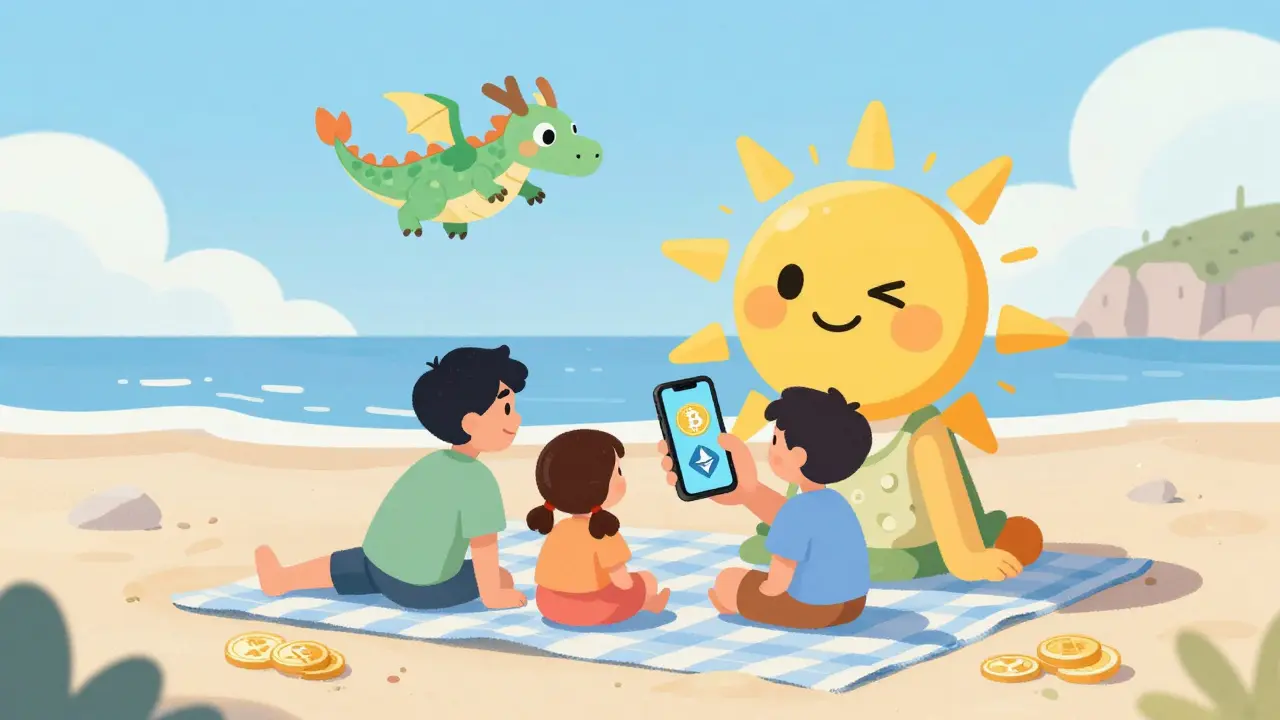 A happy family on a Portuguese beach enjoying crypto without any legal worries, under a sunny sky.