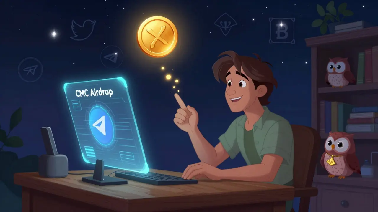A hero connects their wallet to a holographic airdrop interface as a golden NFT descends under a starry night.