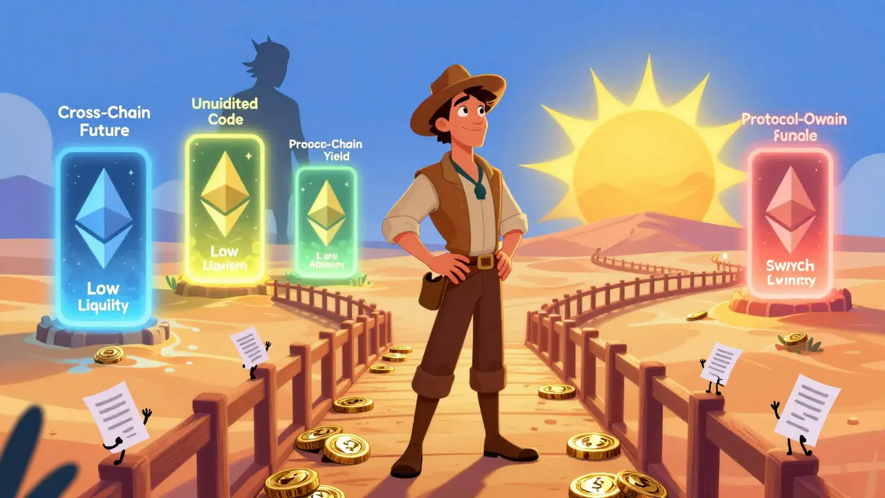 A hero trader crossing a token bridge toward cross-chain future, with a shadowy risk figure behind them.
