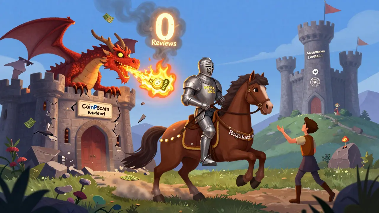 A heroic knight rescues a user from a collapsing scam castle, with fake reviews and ads turning to smoke.