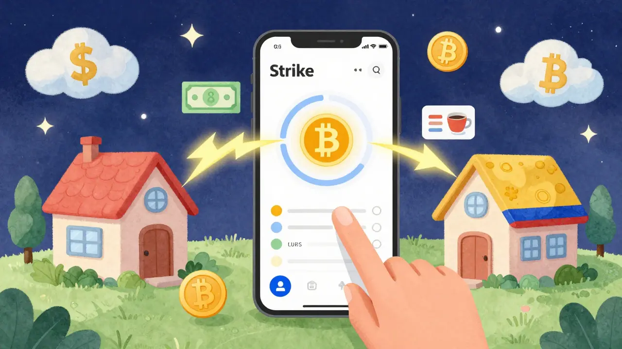 A magical lightning bolt connects two homes across countries as Bitcoin flows effortlessly through a simple app.