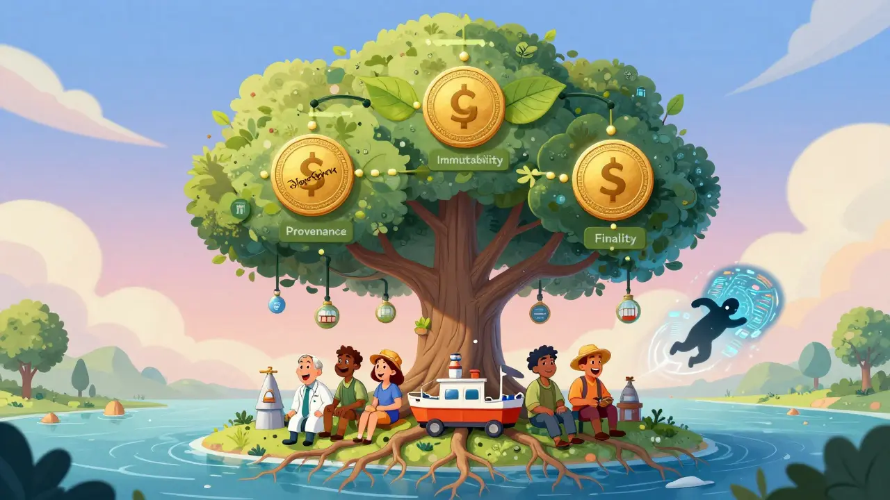 A magical tree with digital leaves represents supply chain transparency, under which diverse workers celebrate together.