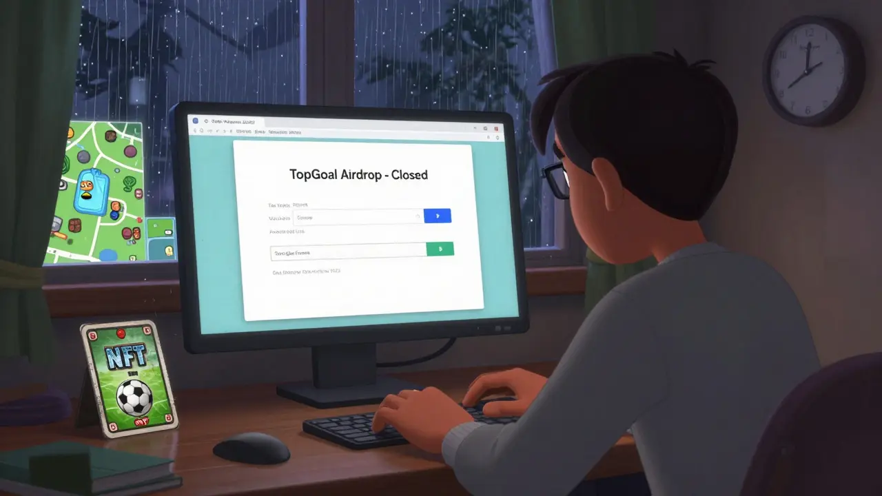 A person at a desk staring at a closed airdrop form, with a lonely NFT card and rain on the window.