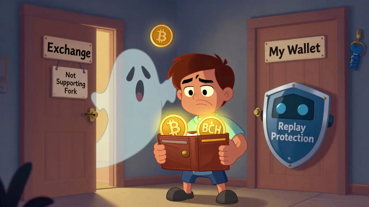 A person holding two crypto coins between a locked exchange door and an open personal wallet door, with a replay attack ghost being blocked.