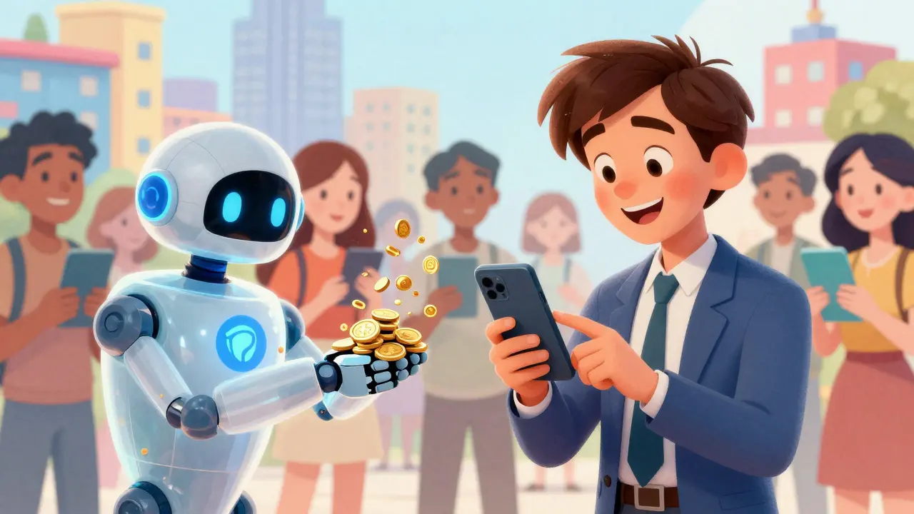 A person smiling as they mint an NFT, with a paymaster robot paying gas fees as confetti flies around.