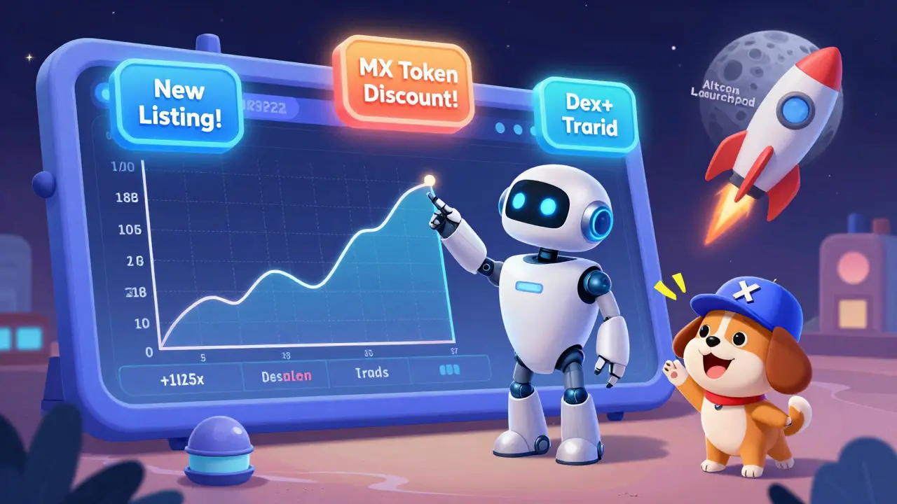 A robot assistant helps a user place a high-leverage trade with floating tokens and a rocket labeled 'Altcoin Launchpad'.