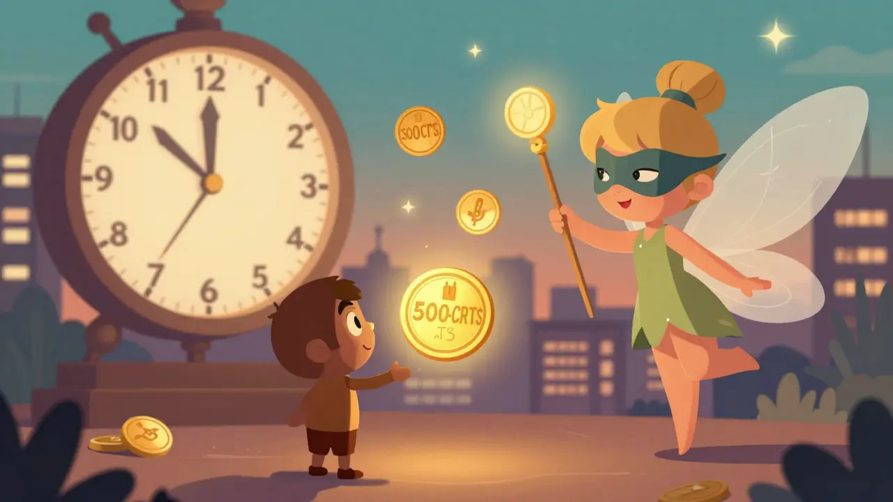A small character receives a glowing 500-CRTS token from a fairy with a clock-shaped wand at 8:00 AM UTC+9.