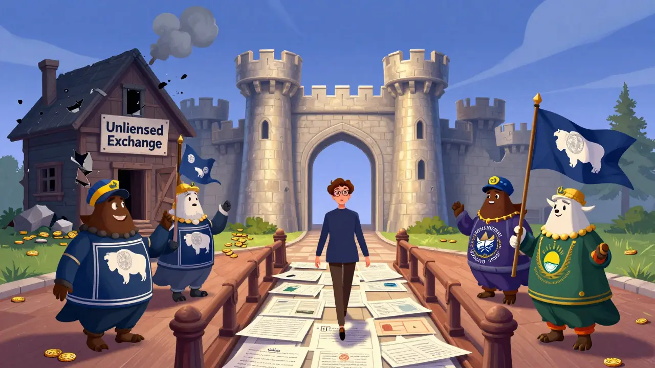 A startup transforms into a legal castle as dark unlicensed shack crumbles, guided by friendly state guardians.