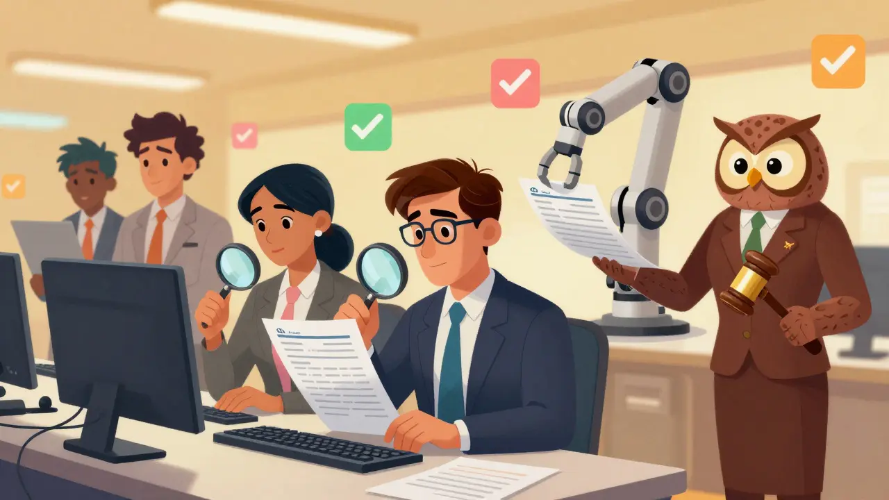 A team of cartoon characters works in a high-tech compliance center with a regulator owl reviewing documents.