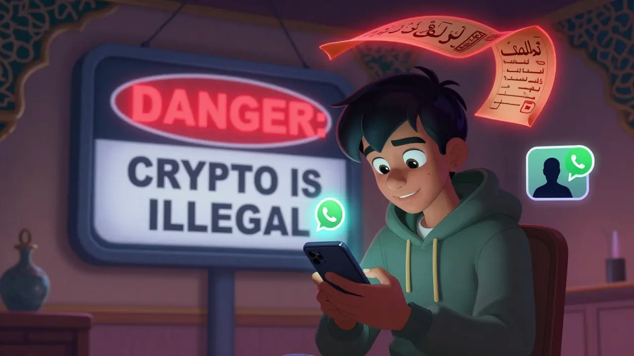A teen secretly buys crypto on a phone while a warning sign looms nearby.