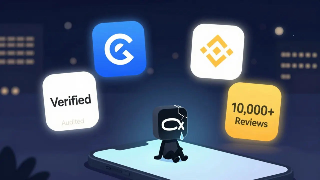 A tiny, dim CODEX app icon alone on a phone screen beside giant, verified exchange icons.