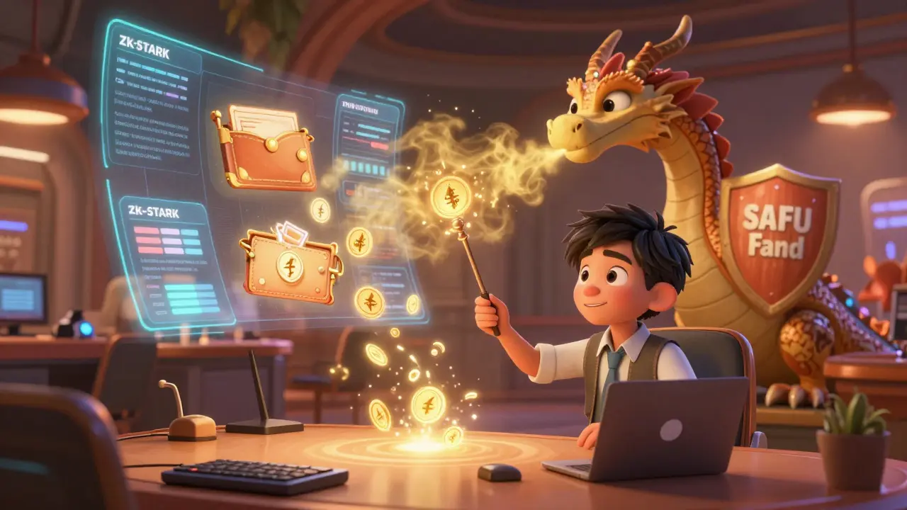 A trader using a magic wand to connect spot funds to a leveraged swap position, guarded by a SAFU Fund dragon.