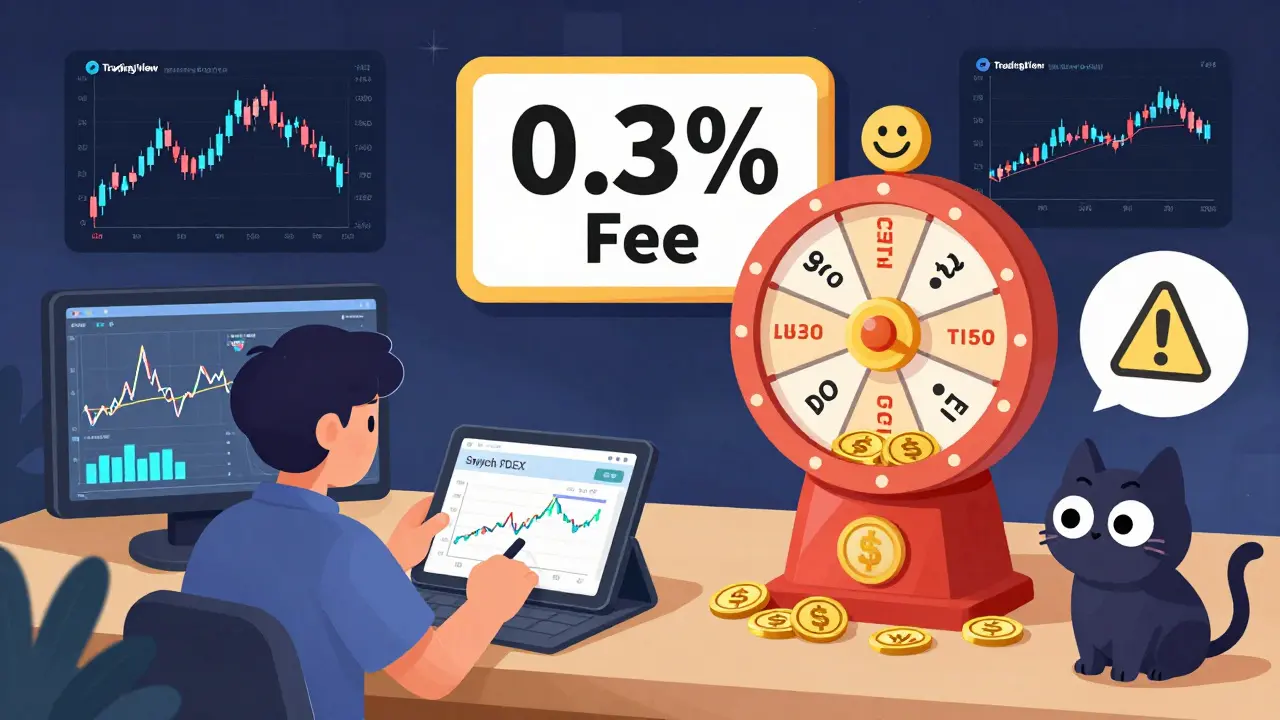 A trader using a tablet for paper trading with floating charts, a staking pot, and a spinning lottery wheel.