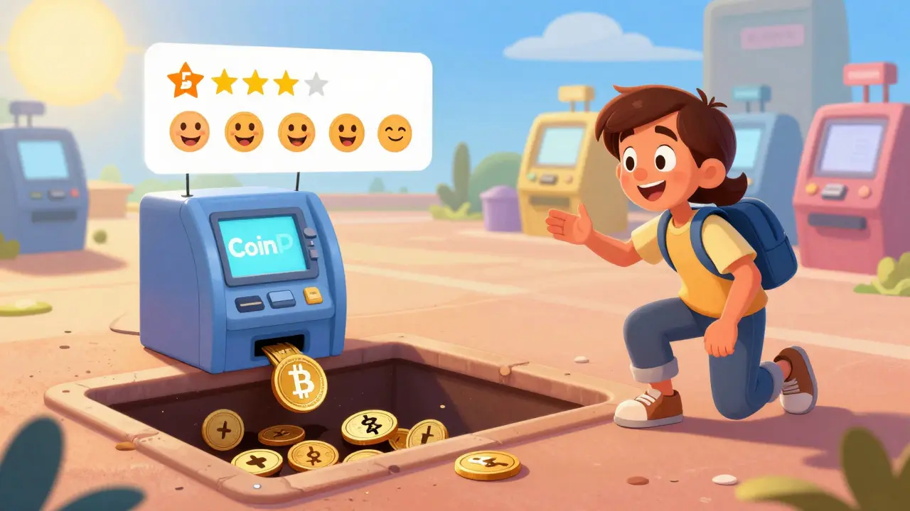 A user depositing crypto into a trapdoor ATM labeled CoinP, while real exchanges shine safely in the distance.