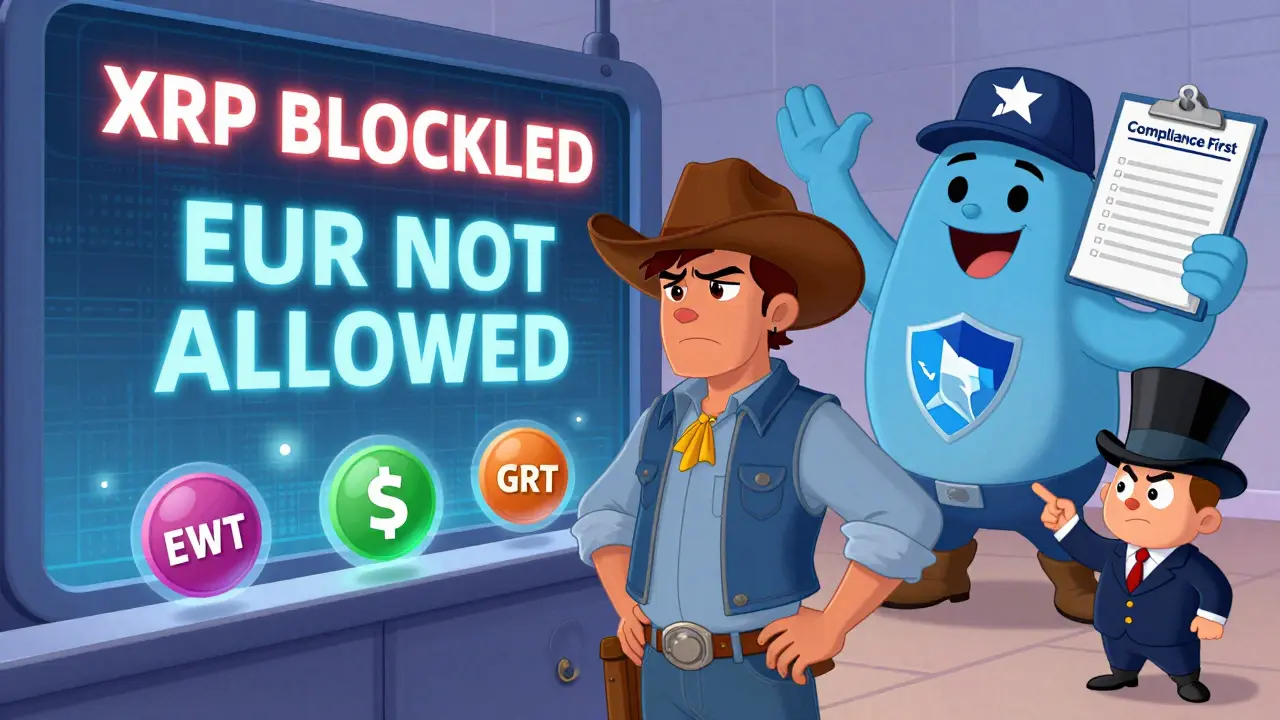 An American user blocked from trading crypto tokens by a state-specific wall with floating banned assets.