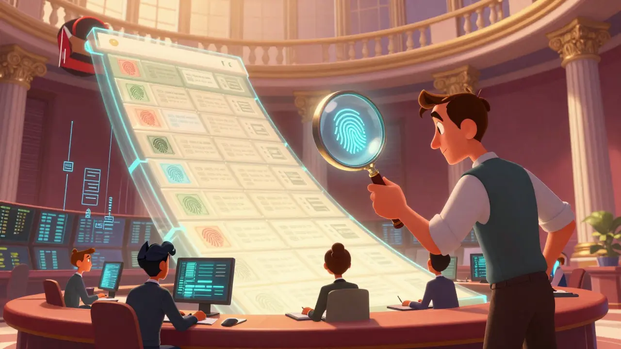 An auditor uses a magnifying glass to inspect a glowing blockchain ledger in a bank trading floor filled with AI avatars.