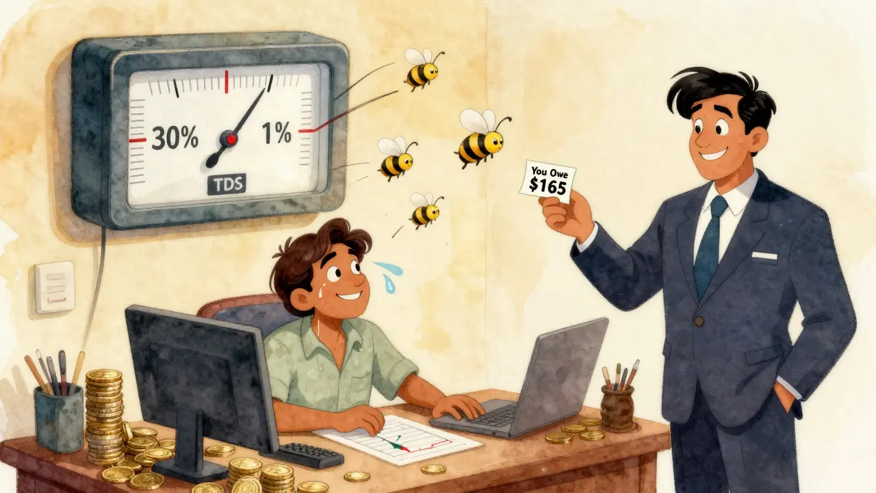 An Indian trader stressed by giant tax tags flying around him, surrounded by crypto charts and coins.