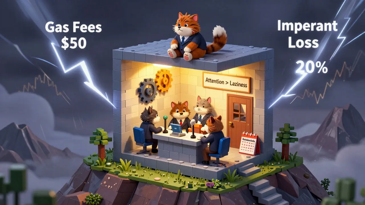Cartoon animals manage a blockchain office with an automated rebalancing machine, protected from price storm outside.