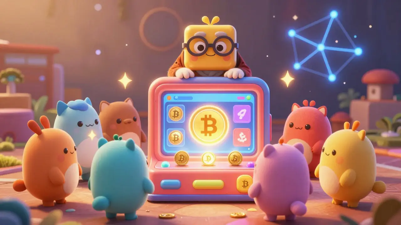 Cute crypto creatures trading tokens at a glowing zero-fee DEX machine with WRT watching.