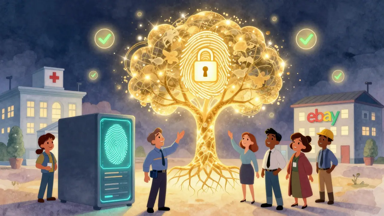 Engineers watch a digital fingerprint lock into a giant blockchain tree that connects hospitals, banks, and online marketplaces.