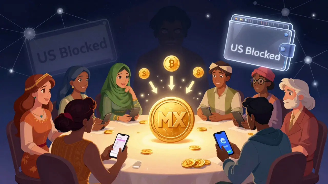 Global traders gather around a glowing MX token emitting discount rays, with a Dex+ wallet connecting to a starry crypto network.