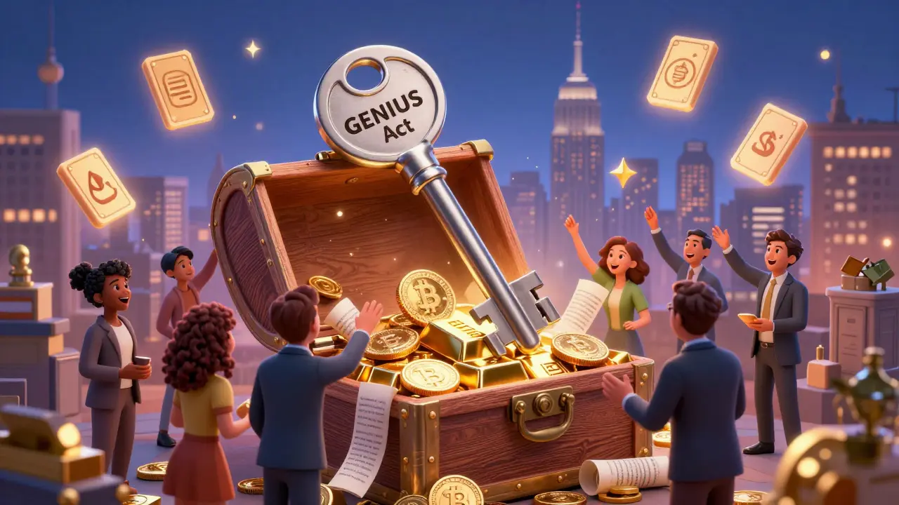 Golden key unlocking treasure chest of USDC coins and audit scrolls, investors reaching in with NFTs floating nearby.