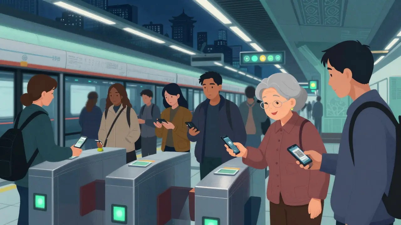 People using offline e-CNY payments at a subway station during a blackout in Beijing.