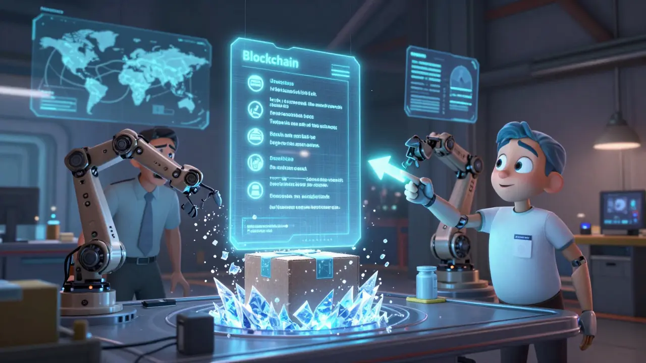 Robotic arms scan items onto a floating blockchain ledger with glowing smart contract alerts in a futuristic warehouse.