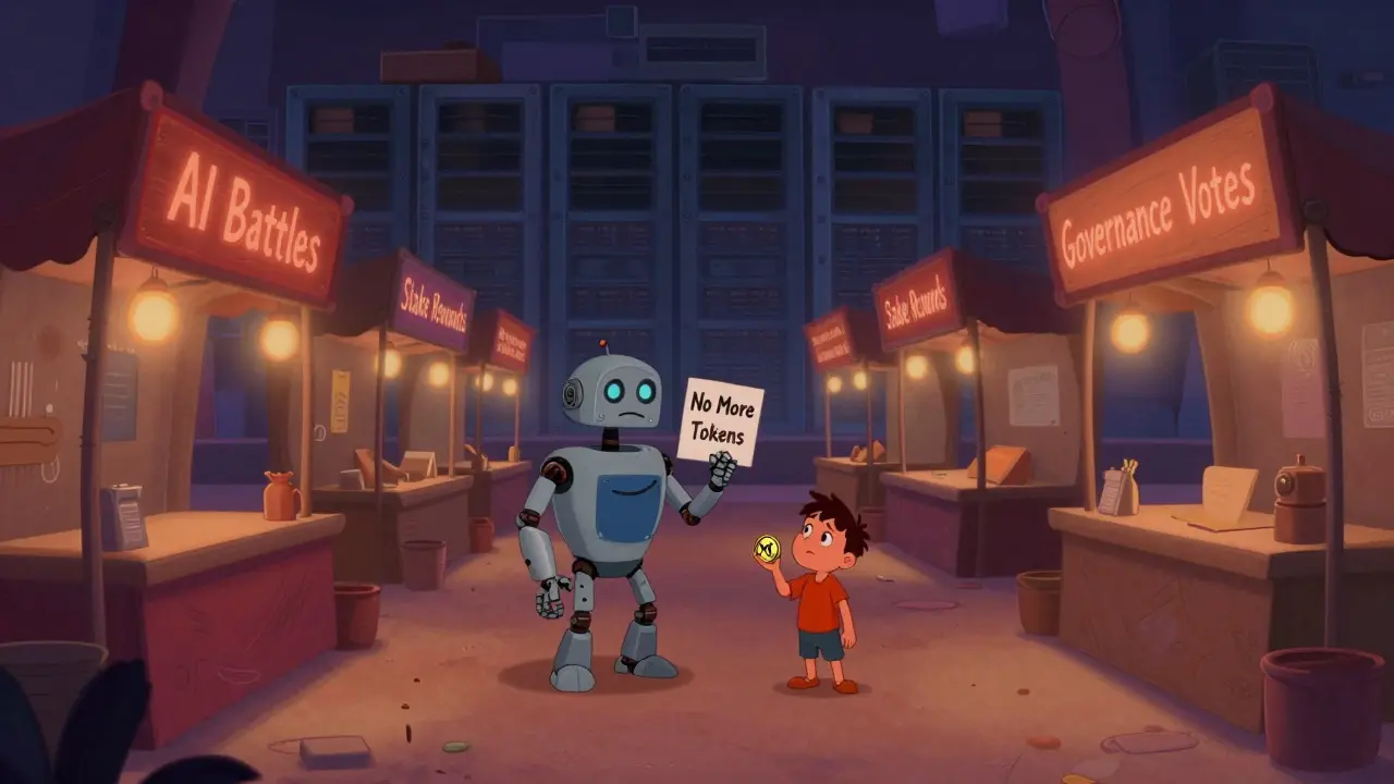 Silent digital marketplace stalls with a confused child holding a worthless MTK coin.