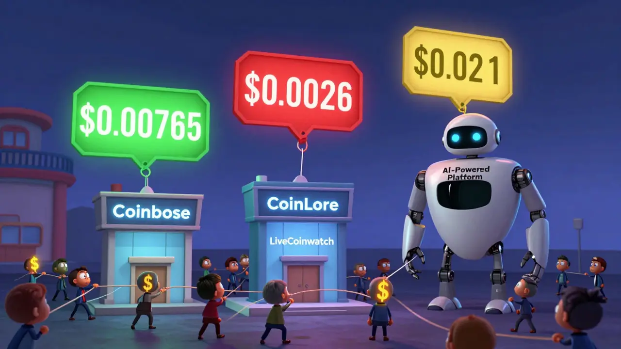 Three conflicting price tags float above cartoon exchanges as confused traders are pulled in different directions by invisible strings.
