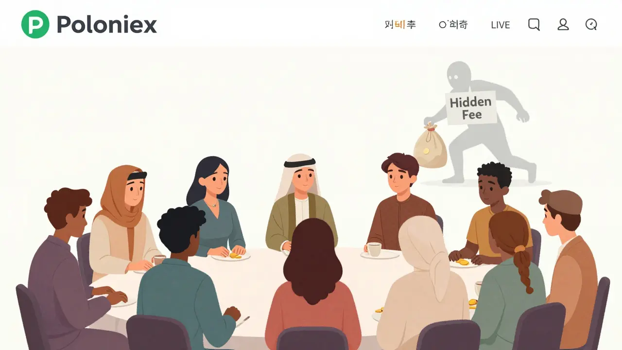 Traders from around the world calmly use Poloniex, while a shadowy figure sneaks away with coins labeled &#039;Hidden Fee&#039;.