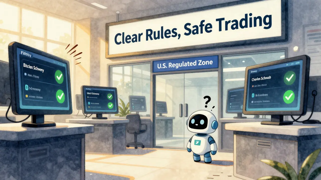 Trading floor with Fidelity and Schwab kiosks showing Bitcoin and Ethereum, DeFi robot outside regulated zone.