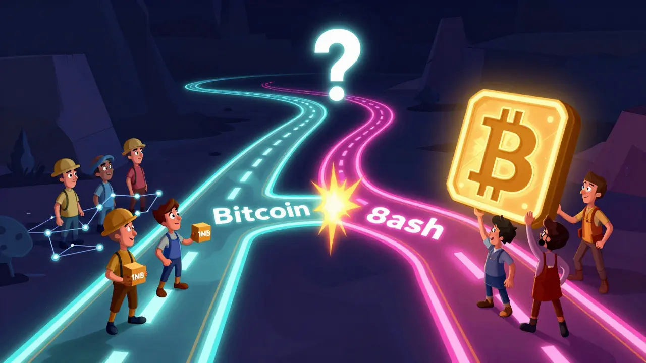 Two separate blockchain paths split dramatically, one with small blocks and another with large blocks, characters divided on each side.