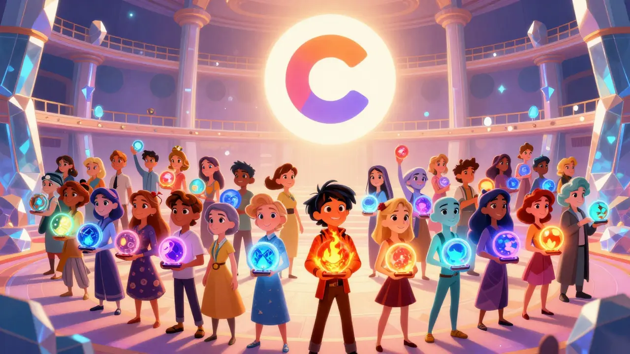 223 unique characters each holding a colorful AvaAce NFT in a mystical blockchain amphitheater.