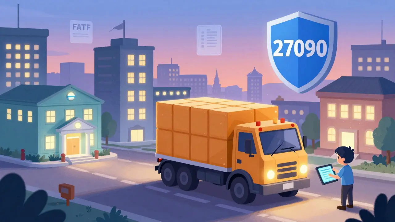 A blockchain truck travels through a city where institutions glow with audit lights, under a rising global audit shield.