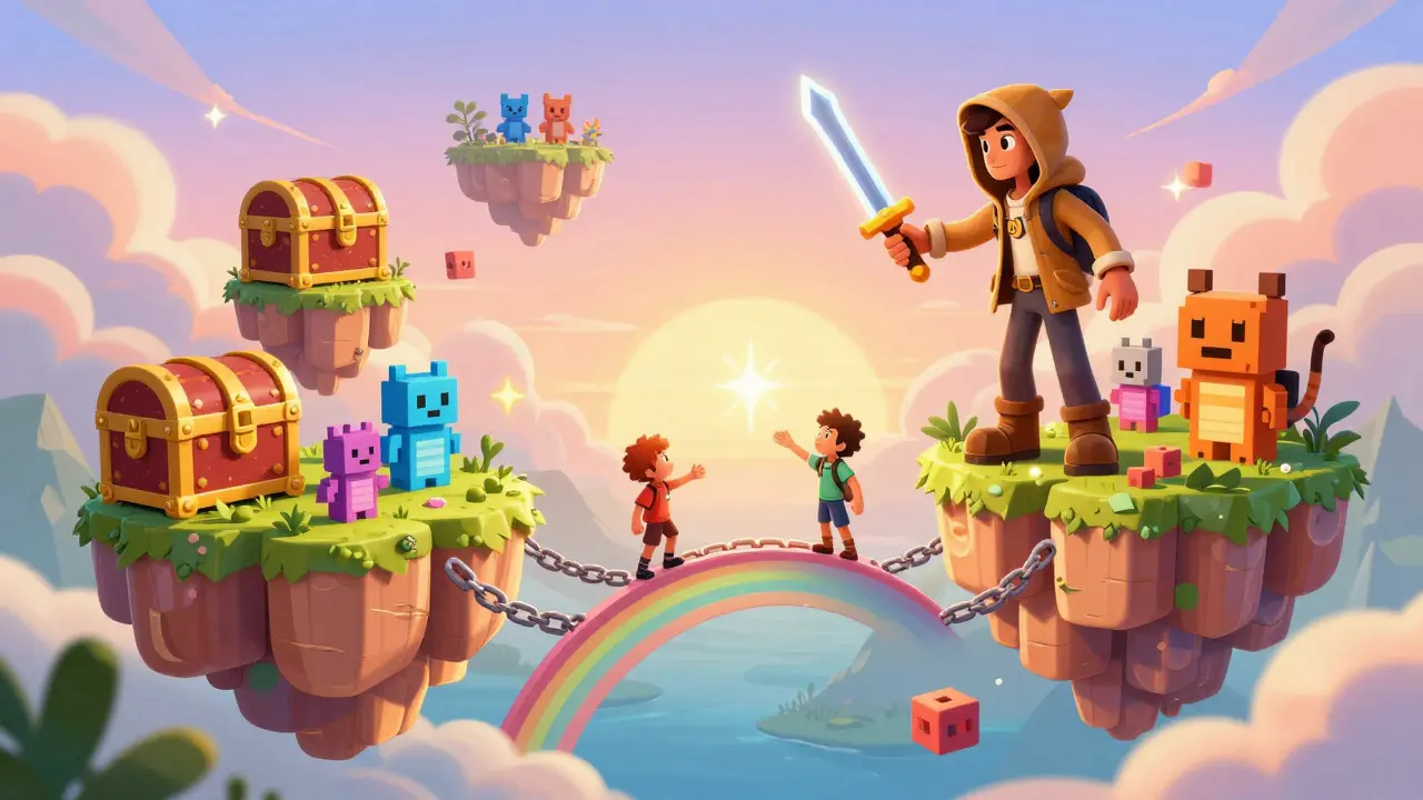 A colorful fantasy world where players build islands from NFT assets under a sunset sky.