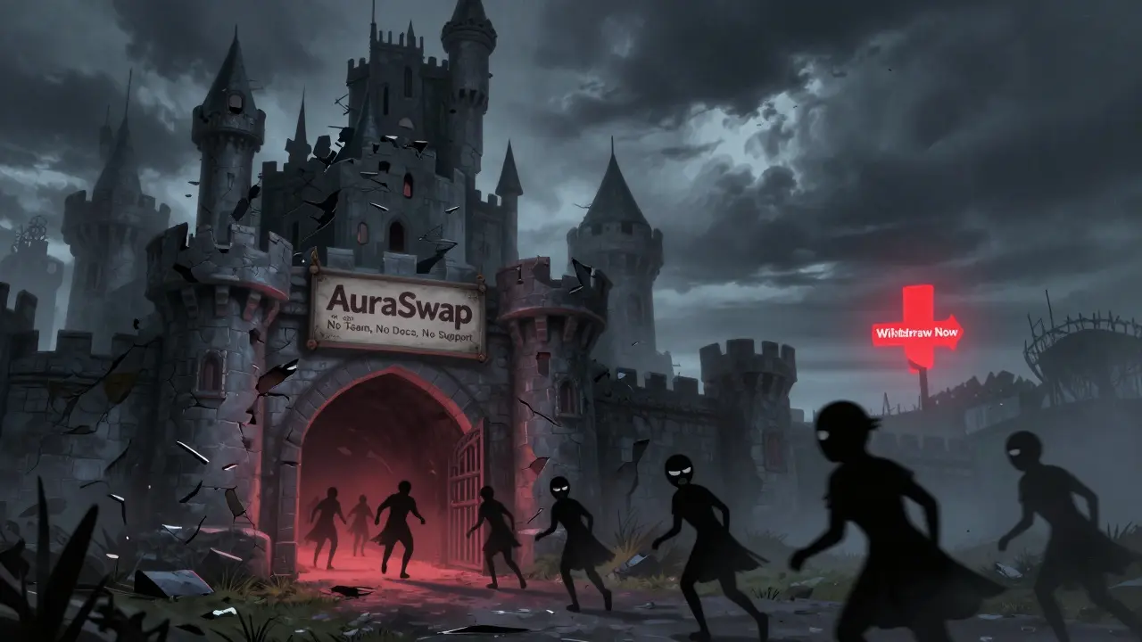 A crumbling castle labeled AuraSwap with warning signs, shadowy figures fleeing, and a glowing withdrawal arrow.
