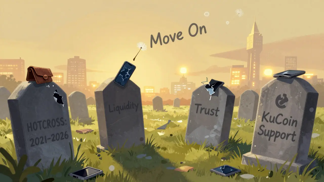 A crypto graveyard with tombstones for dead tokens, one dandelion seed floating toward bright distant blockchain projects.