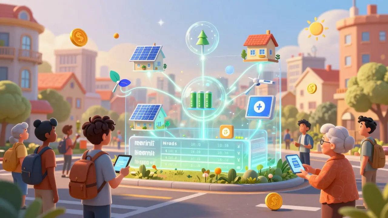 A floating blockchain ledger connects homes with animated energy icons in a vibrant city street.